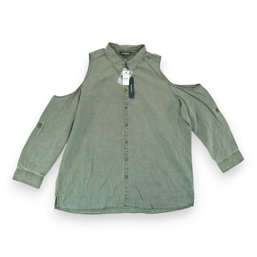NWT Express Women’s Shirt Cold Shoulder Long Sleeve Olive Green Distressed Sz XL